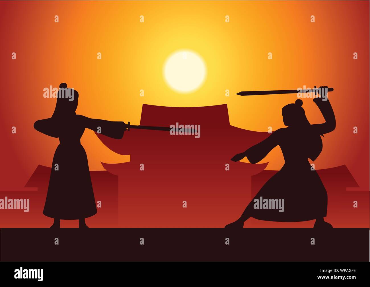 Héros martiaux chinois former lutte les uns les autres avant de Chine Ancienne maison sur l'heure du coucher du soleil,style silhouette Illustration de Vecteur