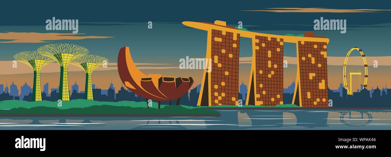 Marina Bay sand,jardin,Singapour Singapore Flyer et en décors,vintage,couleur,design silhouette vector illustration Illustration de Vecteur
