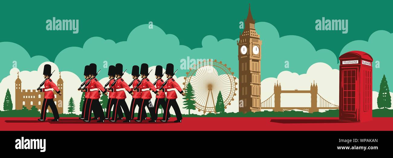 Soldat anglais téléphone rouge,fort,Big Ben et célèbre l'empreinte de l'Angleterre,national flag,couleur,design silhouette vector illustration Illustration de Vecteur