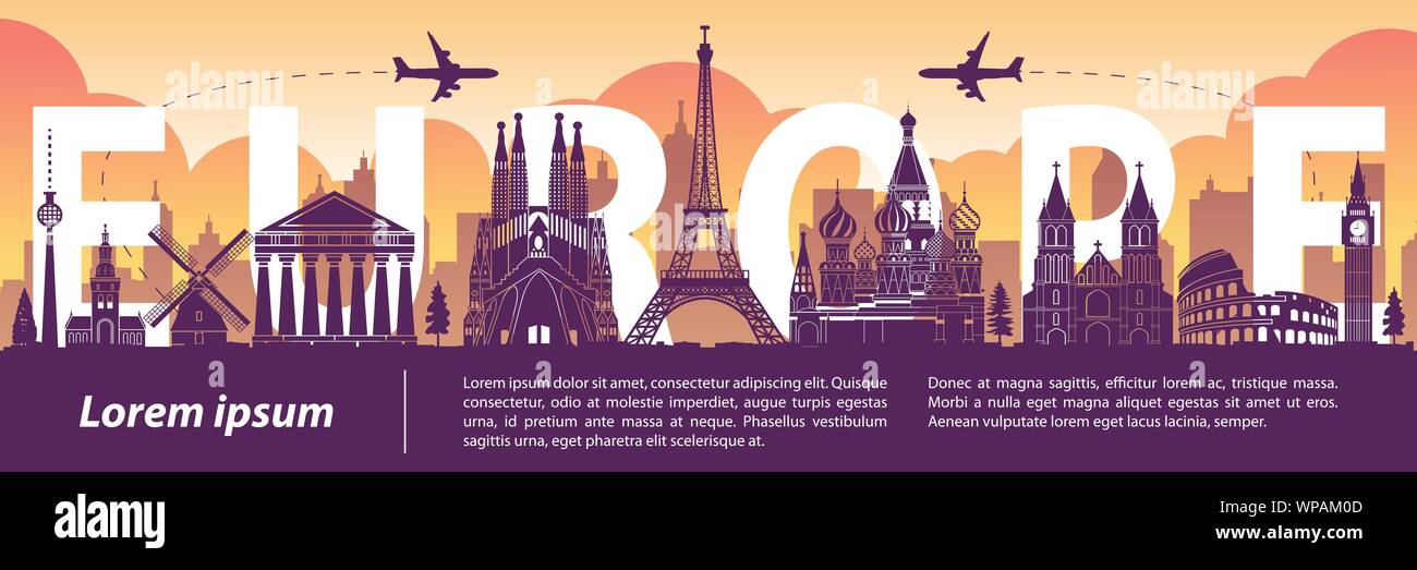 Europe haut célèbre style silhouette,texte à l'intérieur,Voyages et tourisme,vector illustration Illustration de Vecteur