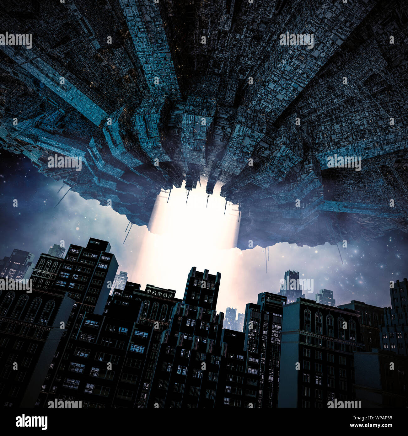 Les envahisseurs arrivent / 3D illustration de la science-fiction rétro avec scène alien space ship géant attaquant city Banque D'Images