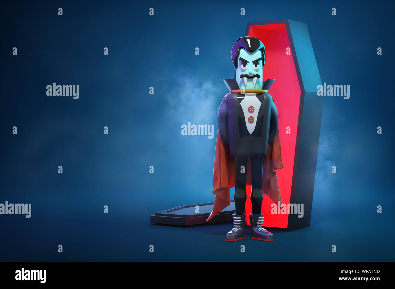 Un caractère d'halloween Vampire debout à côté d'un cercueil. 3D illustration. Banque D'Images