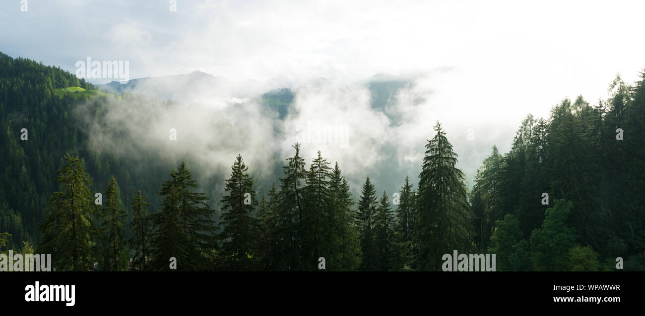 Soleil qui brille à travers le brouillard et les nuages après la pluie dans un paysage de montagne et forêt panorama Banque D'Images