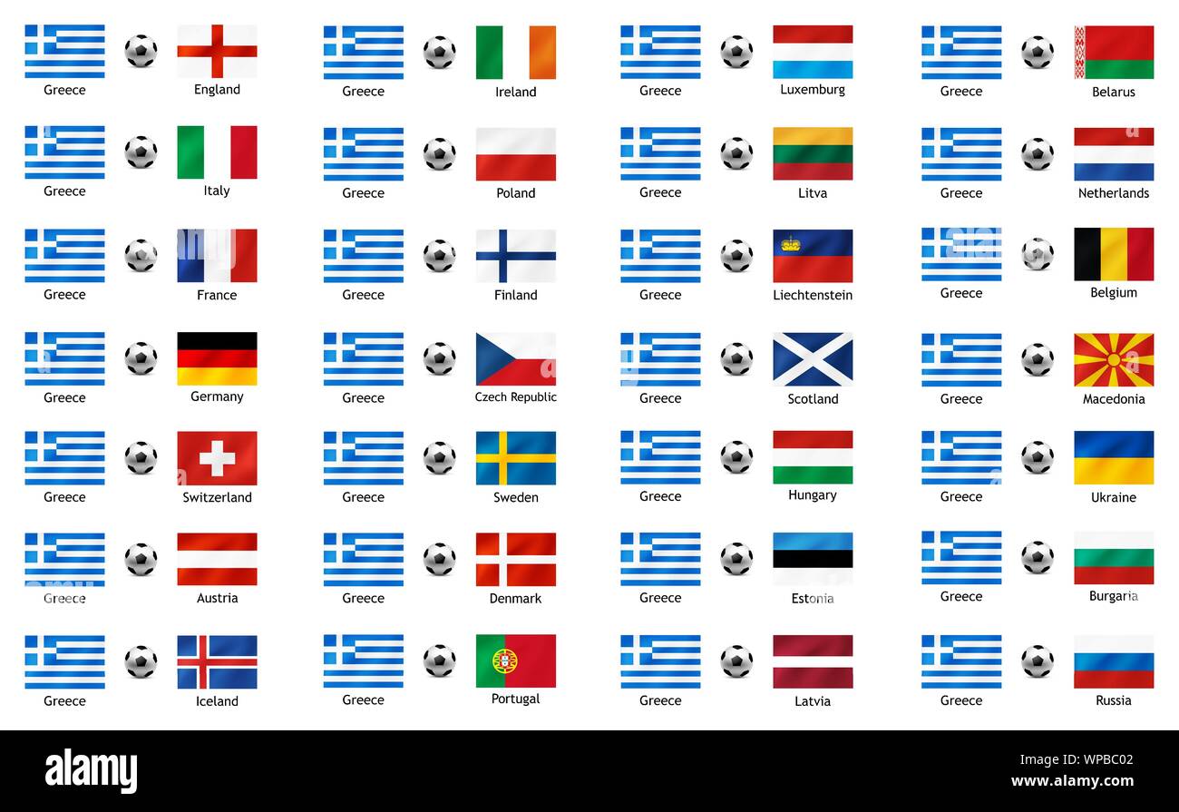 Ensemble de bannières pour illustrer la rivalité sportive entre la Grèce et les pays européens. Brandissant des drapeaux vecteur isolé sur fond blanc. Illustration de Vecteur