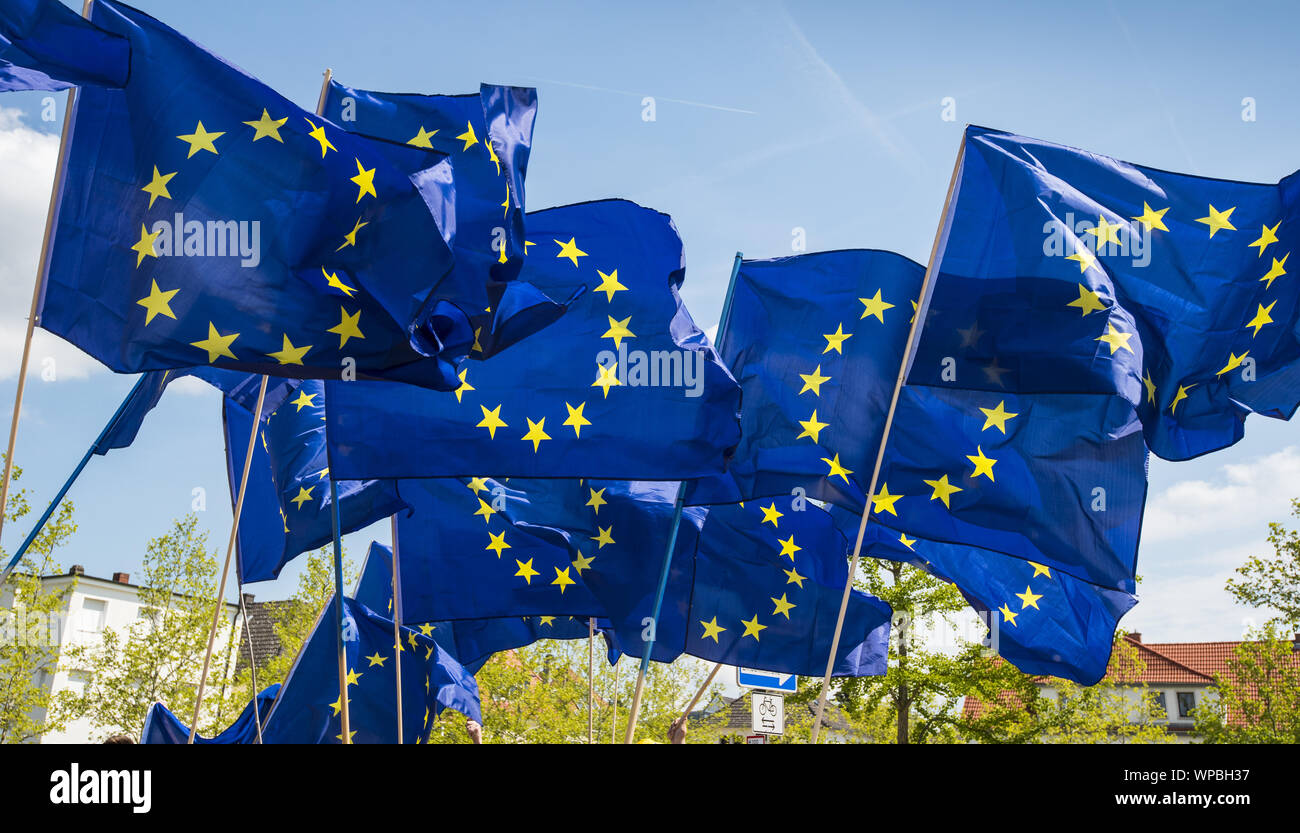 Drapeaux de la Communauté européenne à l'avant et ciel bleu Banque D'Images