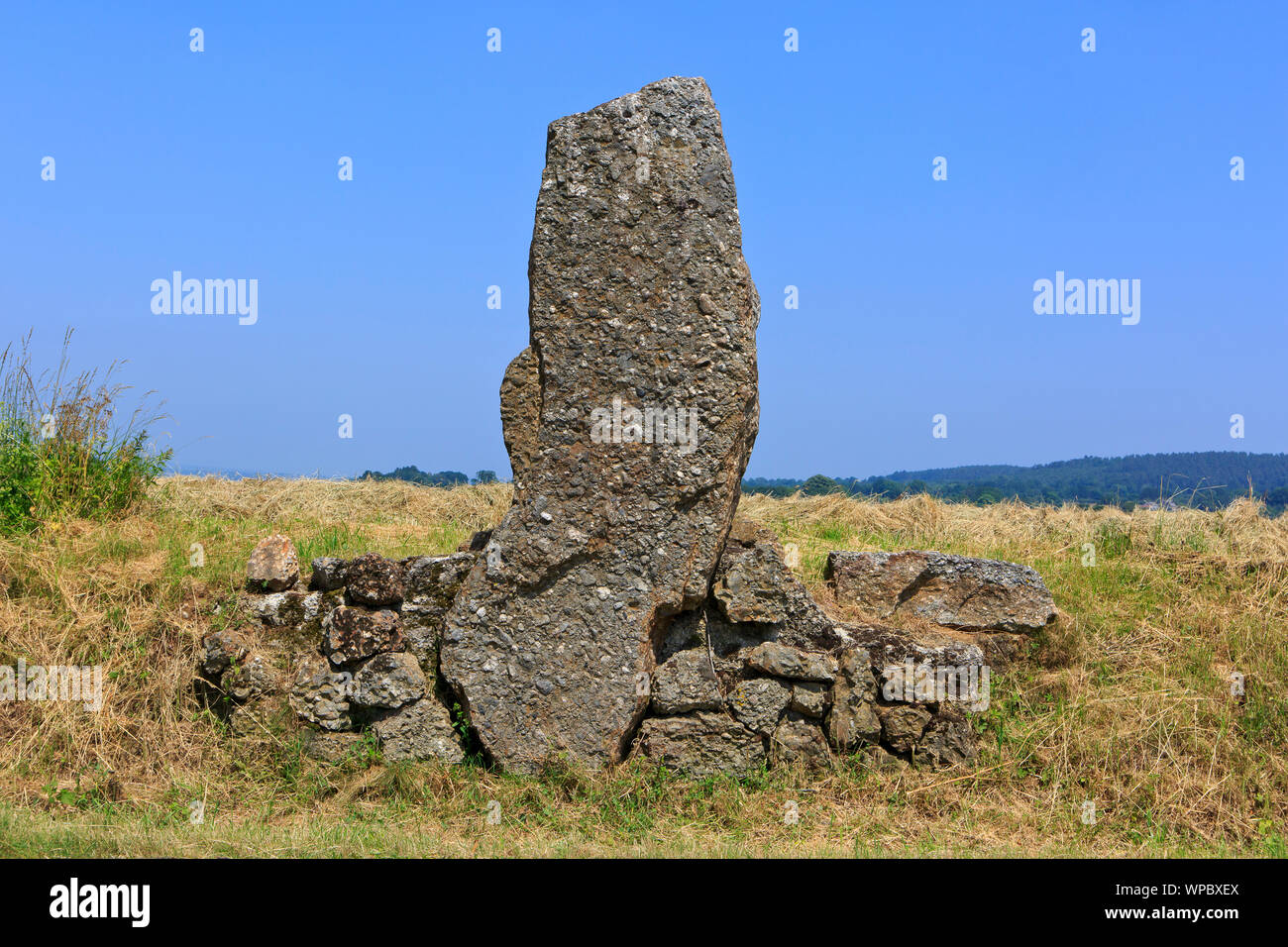 Le menhir Danthine de autour de 3000 avant J.-C. (culture Seine-Oise-Marne) sur le côté de la route N841 à Weris, Belgique Banque D'Images