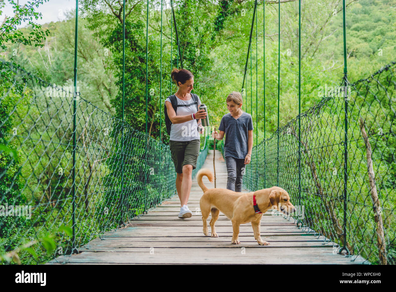 Mère et fille marcher sur le pont suspendu en bois avec petit chien jaune dans la forêt Banque D'Images Mère et fille marcher sur le pont suspendu en bois avec petit chien jaune dans la forêt Banque D'Images
