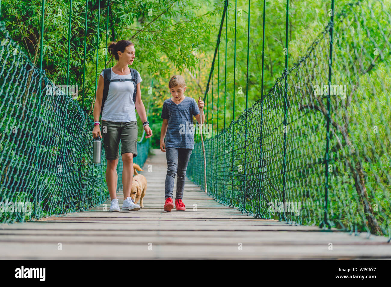 Mère et fille marcher sur le pont suspendu en bois avec petit chien jaune dans la forêt Banque D'Images Mère et fille marcher sur le pont suspendu en bois avec petit chien jaune dans la forêt Banque D'Images
