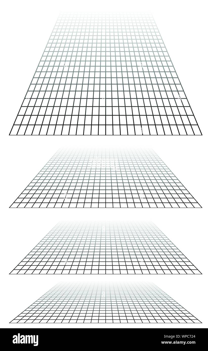 Grille à mailles, dans la perspective de disparaître, diminuer à horizon lointain. Rendre l'espace 3D virtuel. Skyline convergent abstract background. Profondeur 3D illustration. Je Illustration de Vecteur