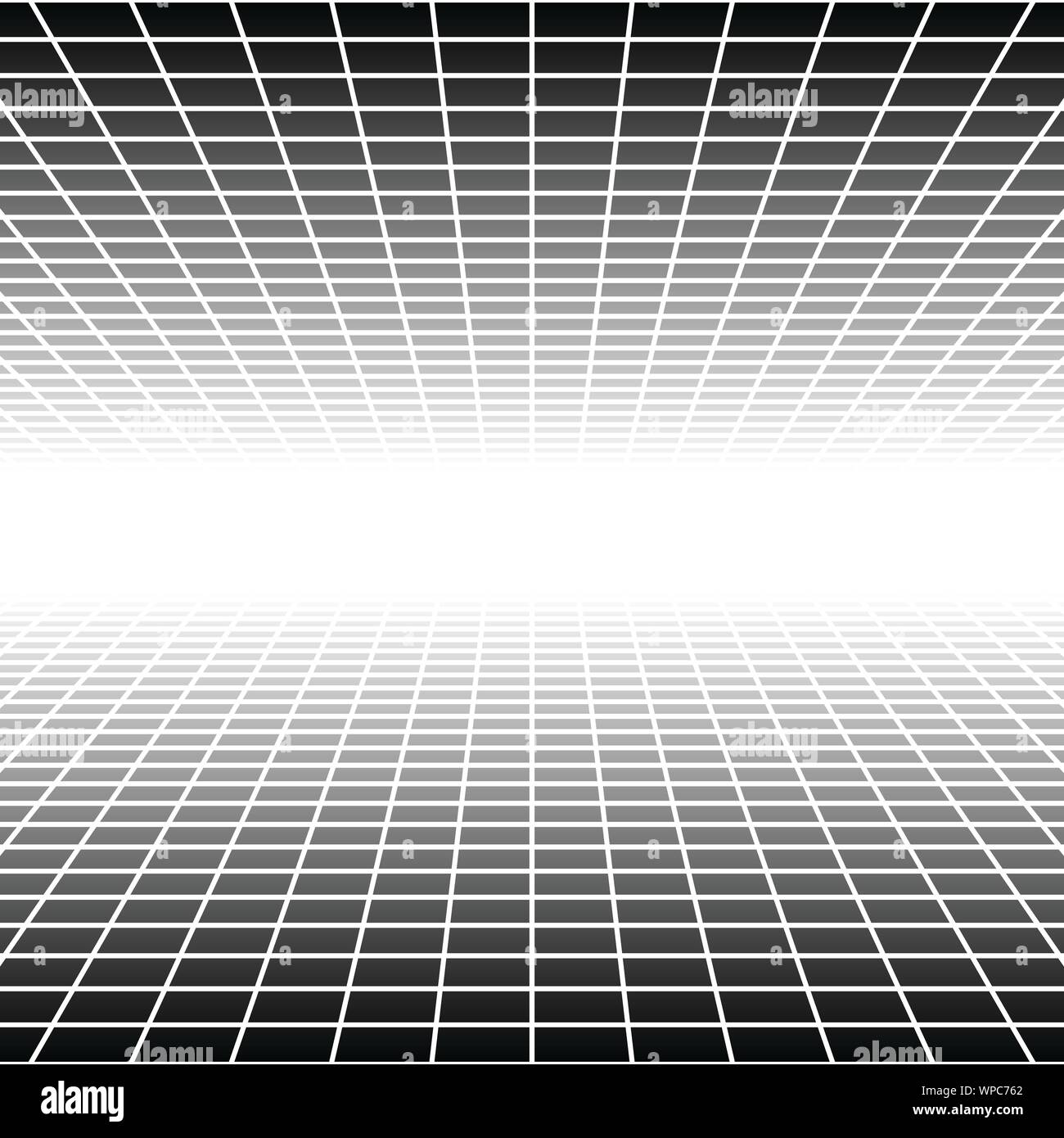 Grille à mailles, dans la perspective de disparaître, diminuer à horizon lointain. Rendre l'espace 3D virtuel. Skyline convergent abstract background. Profondeur 3D illustration. Je Illustration de Vecteur