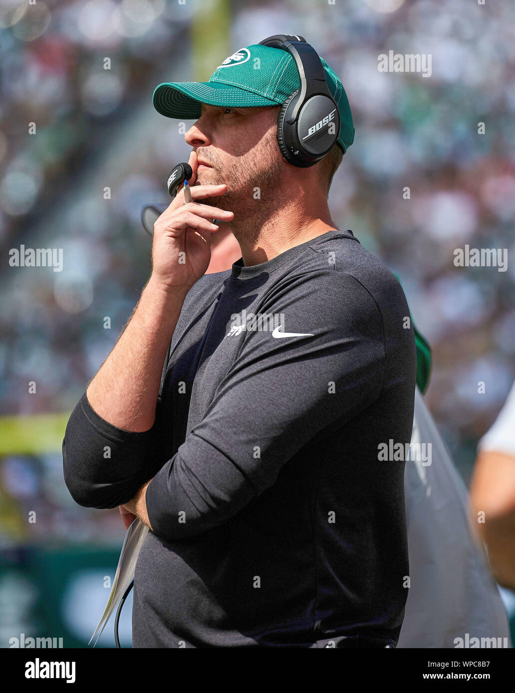 East Rutherford, New Jersey, USA. Sep 8, 2019. New York Jets l'entraîneur-chef Adam Gase au cours d'un match de la NFL entre les Bills de Buffalo et les Jets de New York au Stade MetLife à East Rutherford, New Jersey. Les factures a vaincu les Jets 17-16. Duncan Williams/CSM/Alamy Live News Banque D'Images