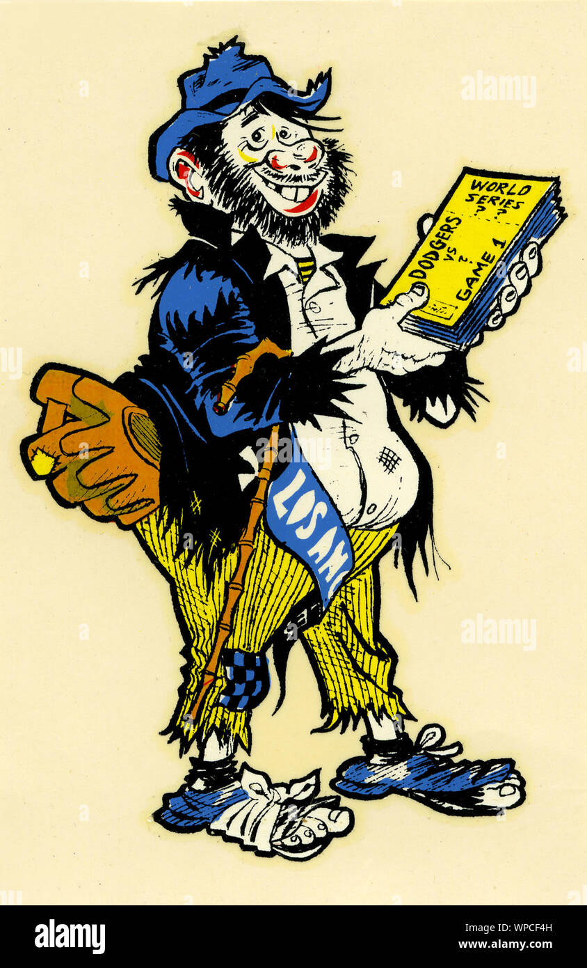 Sticker cartoon Vintage souvenir pour les Dodgers de Los Angeles représentant un bum holding World Series billets circa 1959 renvoie à leurs jours à Brooklyn quand l'équipe était souvent appelé 'Dem Bums'. Banque D'Images