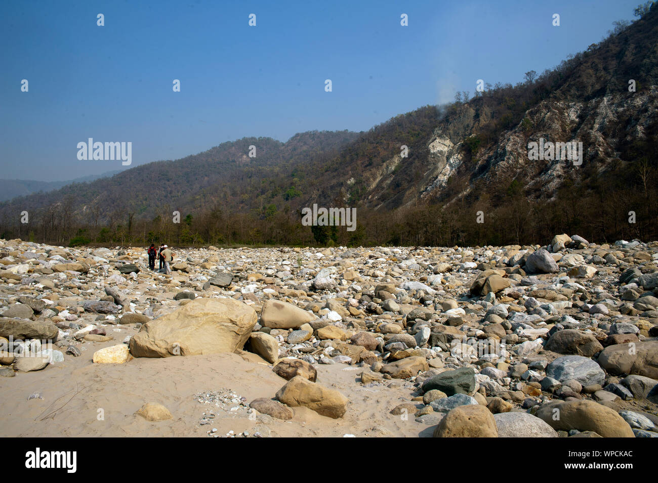 Lit pierreux de la rivière. Ladhya Cette rivière a été rendu célèbre par Jim Corbett dans son livre Maneaters de Kumaon, Uttarakhand, Inde Banque D'Images