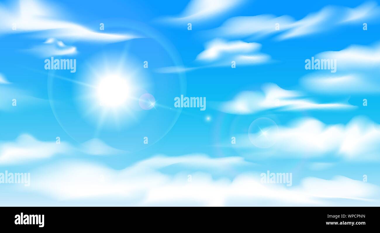 Ciel nuageux ensoleillé. Belle image avec un ciel bleu et un soleil éclatant et les nuages, vector jour paysage haut Illustration de Vecteur