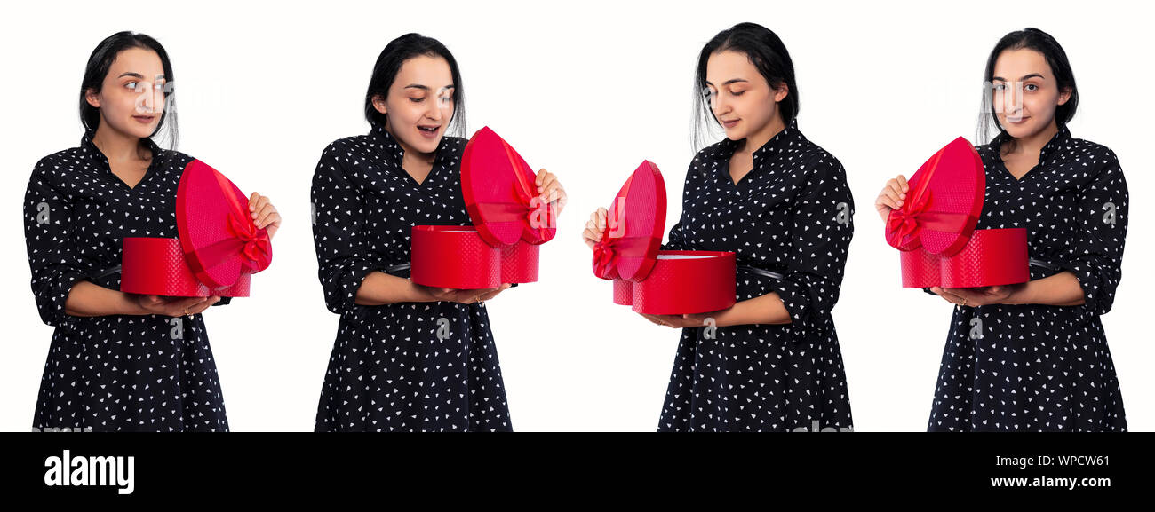 Ensemble de photo de jeunes moyen-oriental woman portrait surpris avec boîte-cadeau. Déballage des présents fort romantique de son amant. Boxing Day, maison de vacances, b Banque D'Images