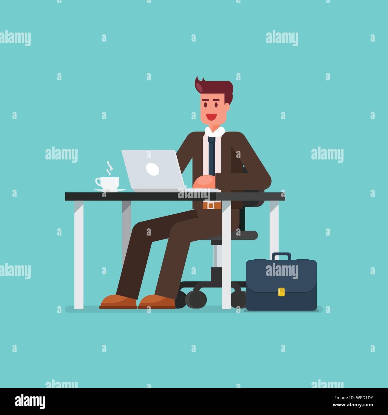 L'homme d'affaires travaillant sur un ordinateur portable au bureau. Vector illustration Illustration de Vecteur
