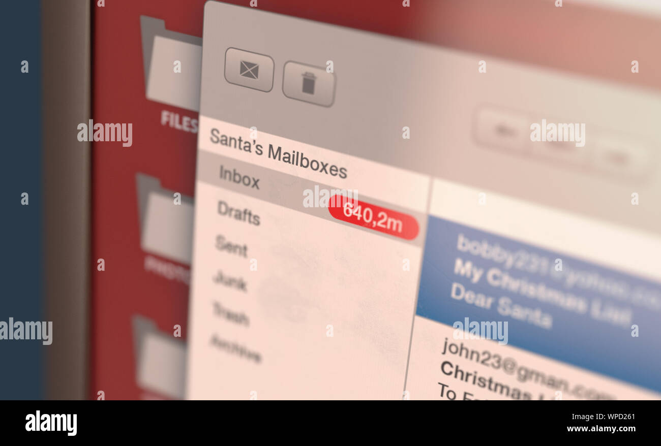 Un concept montrant des millions d'enfants non lus liste e-mails reçus dans la boîte de réception des clauses de santa - 3D render Banque D'Images