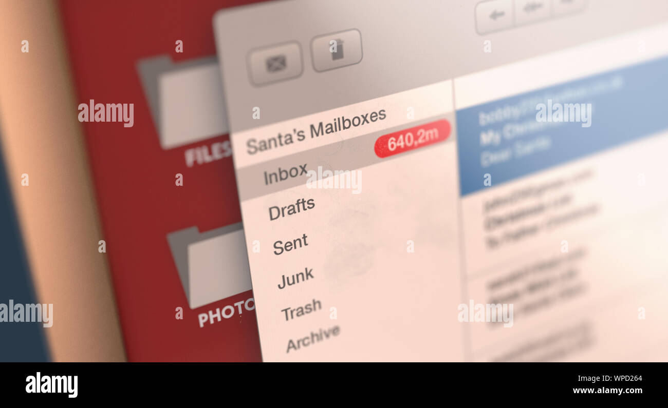 Un concept montrant des millions d'enfants non lus liste e-mails reçus dans la boîte de réception des clauses de santa - 3D render Banque D'Images