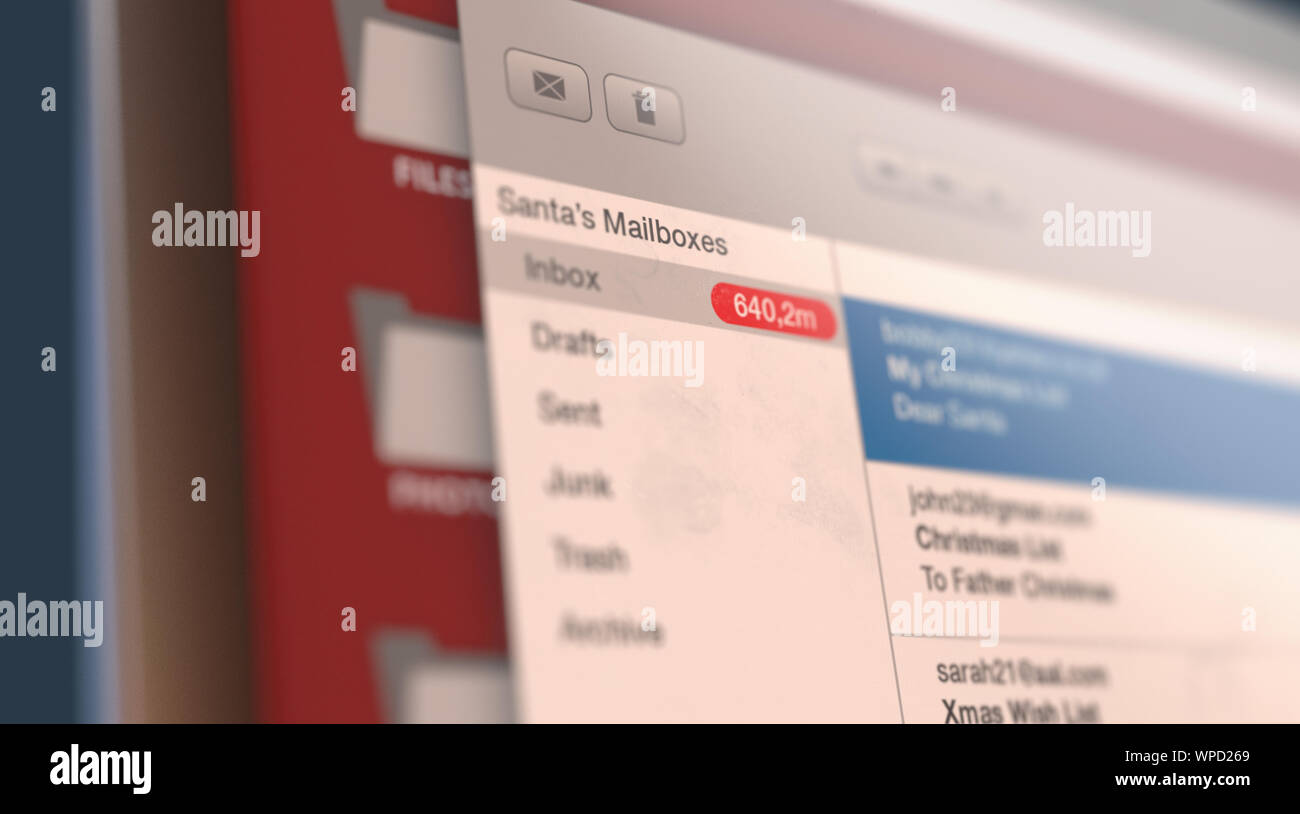 Un concept montrant des millions d'enfants non lus liste e-mails reçus dans la boîte de réception des clauses de santa - 3D render Banque D'Images