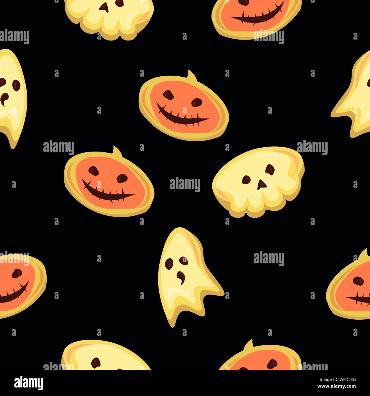 Motif de l'Halloween. Les cookies en forme de citrouilles, des crânes et des fantômes sur un fond noir.. Illustration de Vecteur