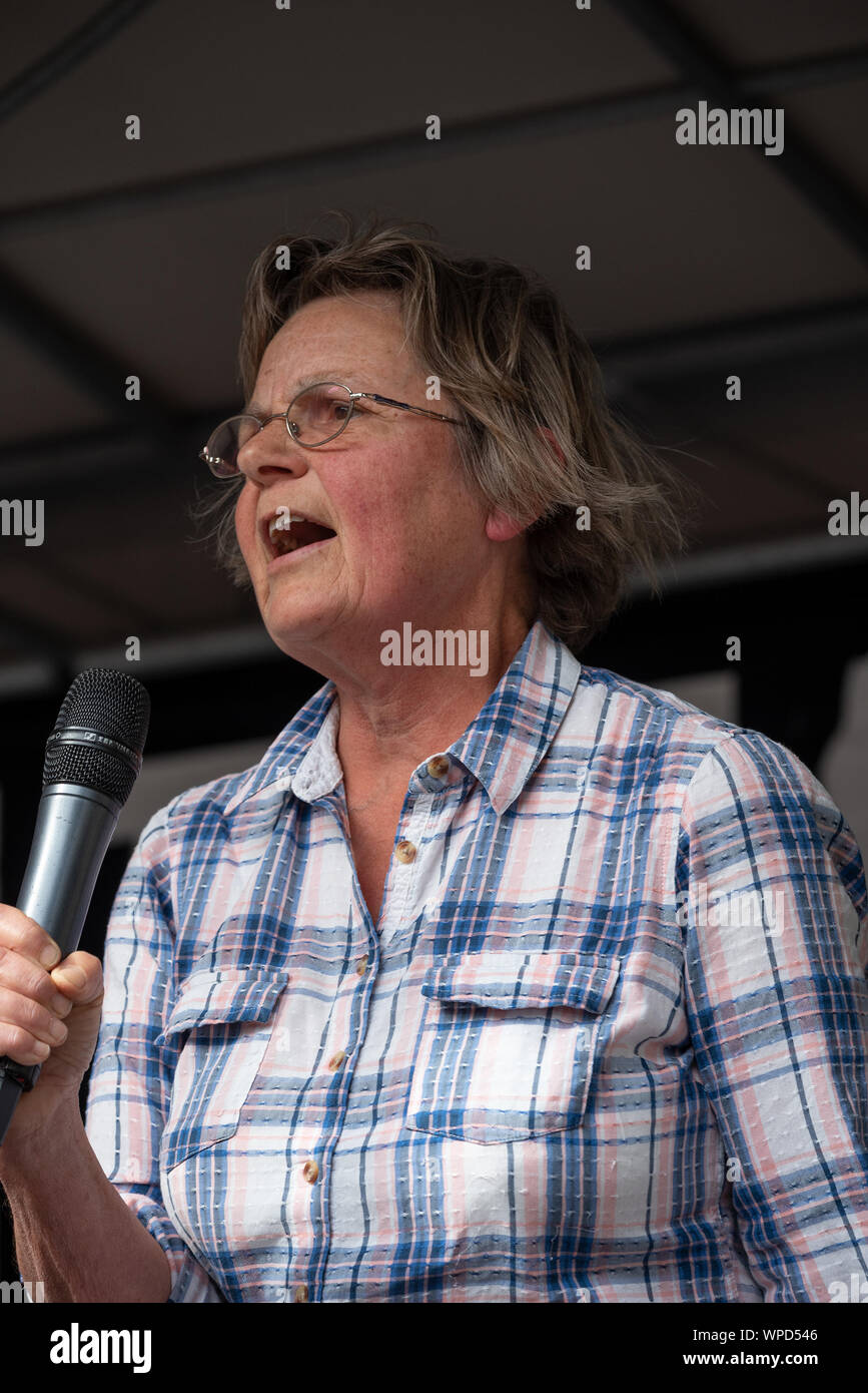 Londres, Royaume-Uni. 7 septembre 2019. Exiger la démocratie Johnson Out - Arrêter le coup d'état de démonstration. Les manifestants massés dans Whitehall aux portes de Downing Street. Premier orateur de la journée. Hébergé par une autre Europe est possible, le Parti Vert d'Angleterre et du Pays de Galles, l'élan, arrêter de Trump, Owen Jones et du travail pour une Europe socialiste. Crédit : Stephen Bell/Alamy Banque D'Images