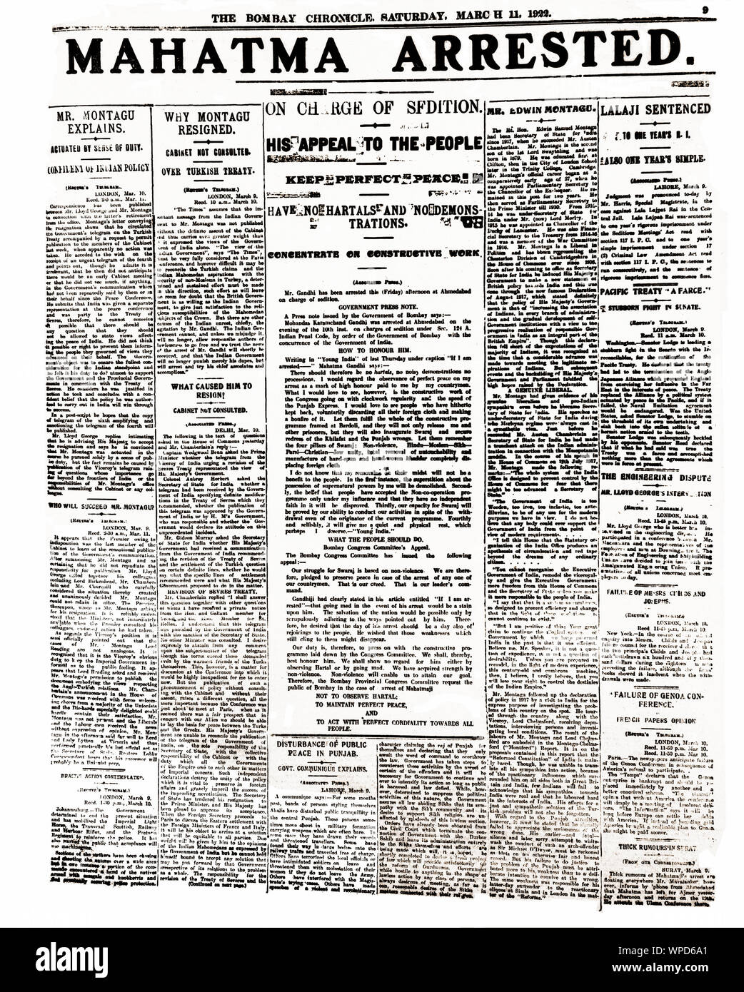 Mahatma Gandhi arrêté, première page du journal Bombay Chronical, Inde, Asie, 11 mars 1922, ancienne image vintage 1900s Banque D'Images
