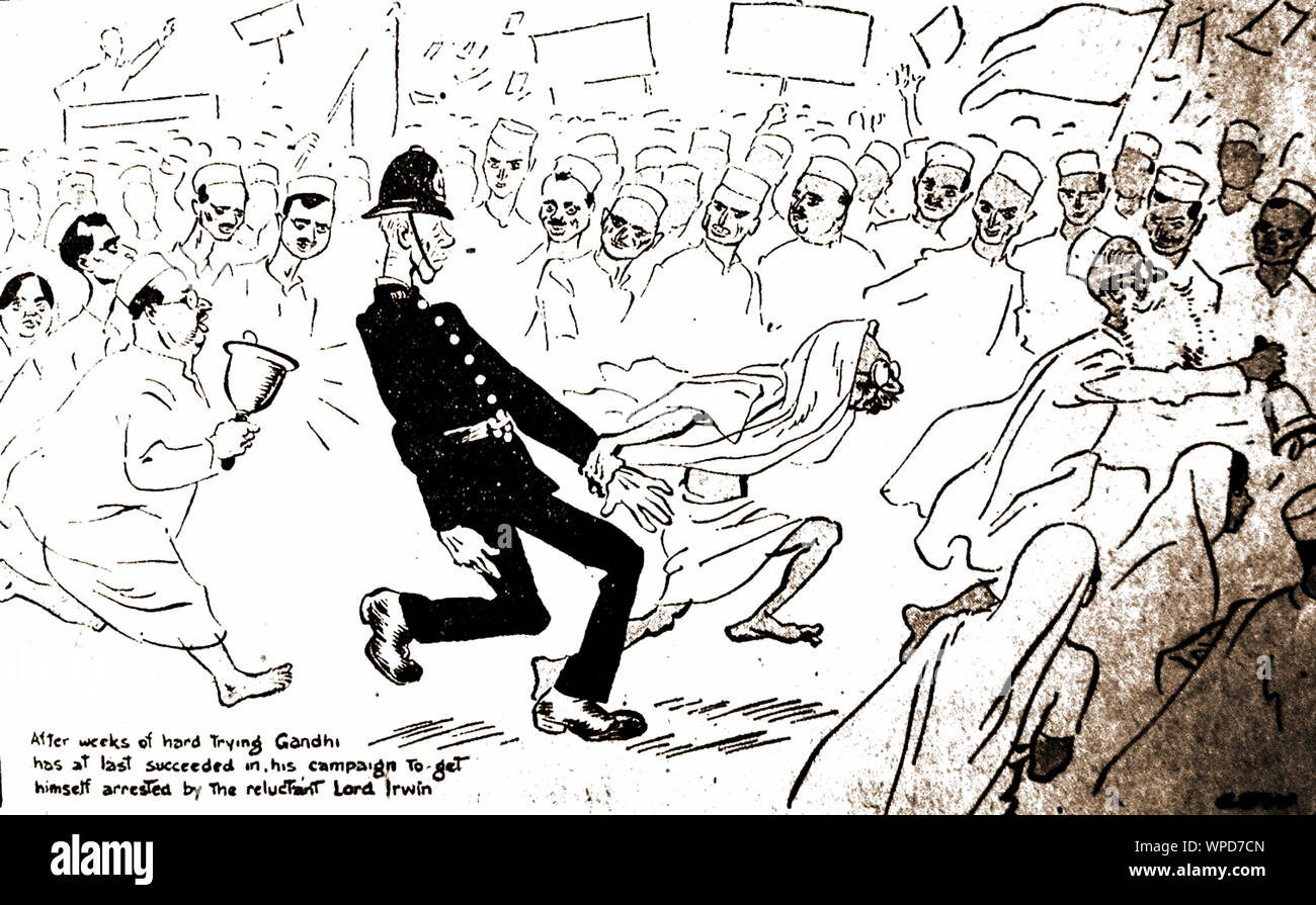 Caricature montrant le Mahatma Gandhi arrêté par Lord Irwin par David Low, Angleterre, RU, 1930 Banque D'Images