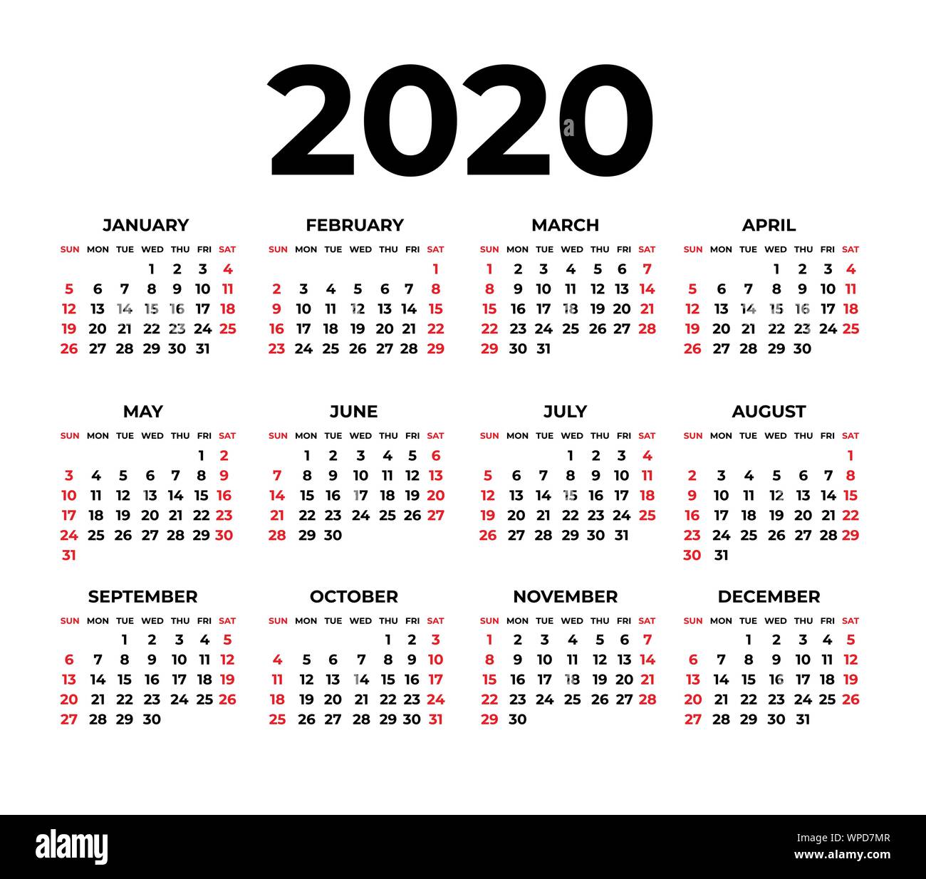 Calendrier pour 2020 sur fond blanc Illustration de Vecteur