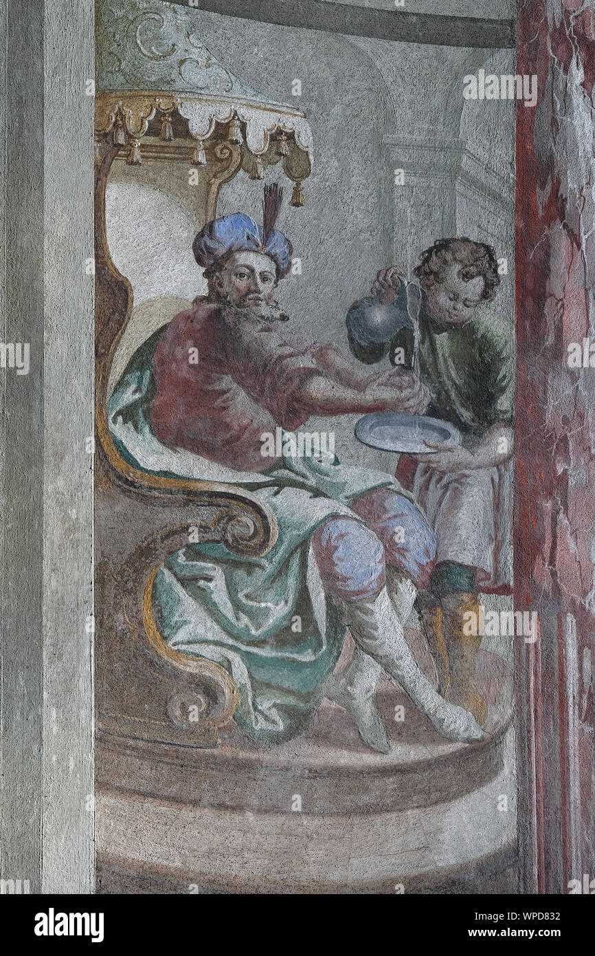 Jésus condamné à mort, Ponce Pilate se lava les mains, fresque sur le plafond de la Saint John the Baptist Church, à Zagreb, Croatie Banque D'Images