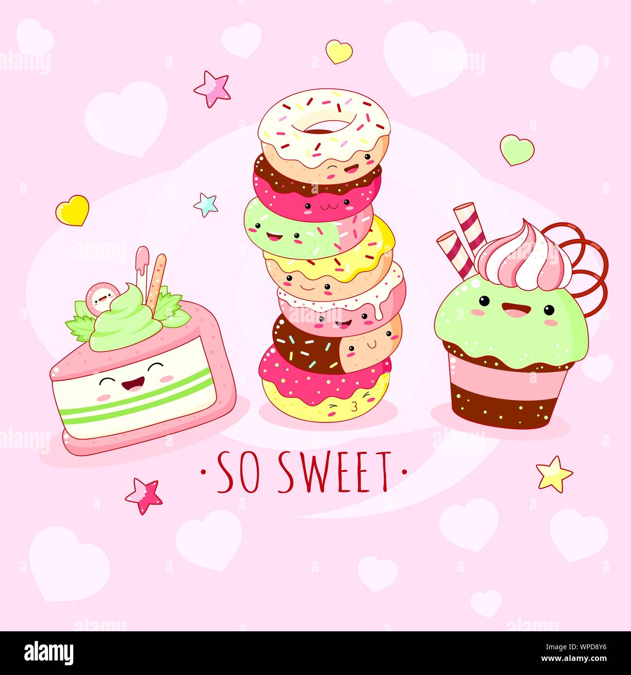 Fond drôle avec mignon en aliments sucrés style kawaii avec sourire et joues roses. Inscription si doux, beignes, gâteaux et cupcake. Spe8 Illustration de Vecteur