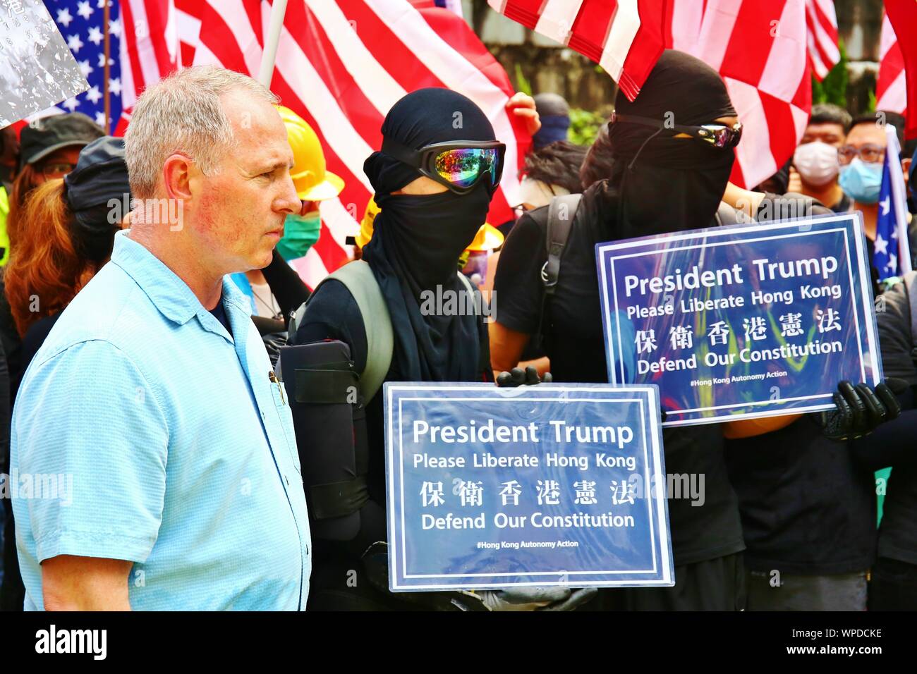 Hong Kong, Chine. 05Th Sep 2019. Des milliers de manifestants pro-démocratie appellent au président Donald Trump et les États-Unis pour l'aide qu'on mars au consulat général des États-Unis à Hong Kong. Les manifestations sont maintenant dans leur 14ème semaine consécutive, et la Chine a mis en garde contre d'autres pays de ne pas intervenir. Gonzales : Crédit Photo/Alamy Live News Banque D'Images