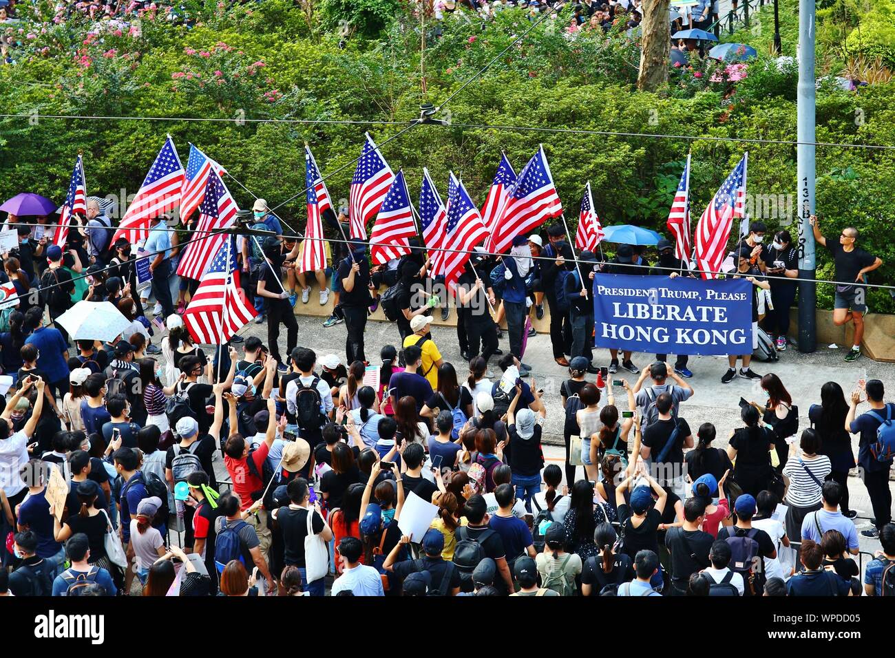Hong Kong, Chine. 05Th Sep 2019. Des milliers de manifestants pro-démocratie appellent au président Donald Trump et les États-Unis pour l'aide qu'on mars au consulat général des États-Unis à Hong Kong. Les manifestations sont maintenant dans leur 14ème semaine consécutive, et la Chine a mis en garde contre d'autres pays de ne pas intervenir. Gonzales : Crédit Photo/Alamy Live News Banque D'Images