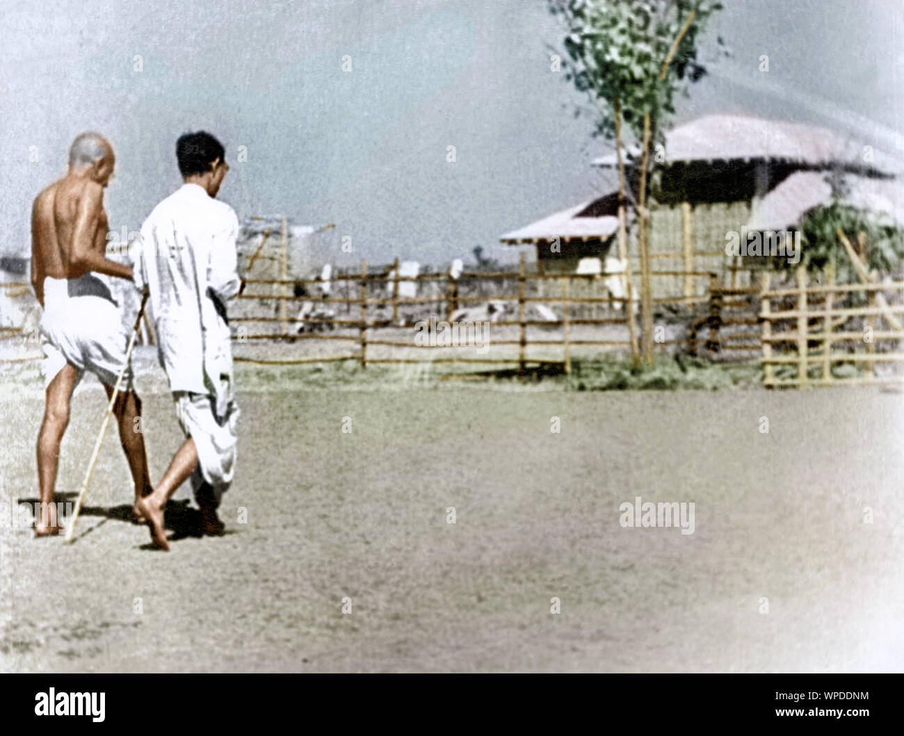 Mahatma Gandhi bâton de marche avec supporter dans Satyagraha Ashram, Wardha, Nagpur, Inde, Asie, 1940 vieille photo vintage des années 1900 Banque D'Images