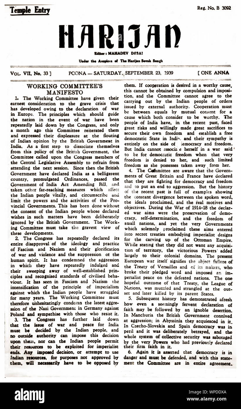 Première page du journal Harijan par Mahadev Desai, Poona, Inde, Asie, 23 Septembre, 1939 Banque D'Images