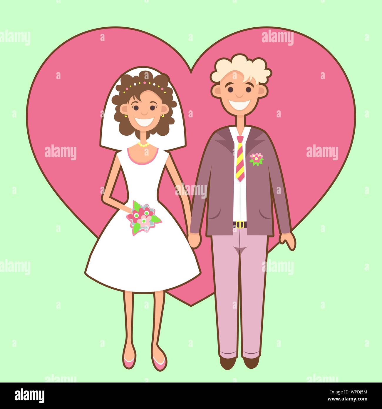 Bride and Groom télévision dessin, personnage, illustration vectorielle, l'icône, une vignette. Photo des nouveaux mariés, femme en robe de mariée blanche avec bouquet et Illustration de Vecteur