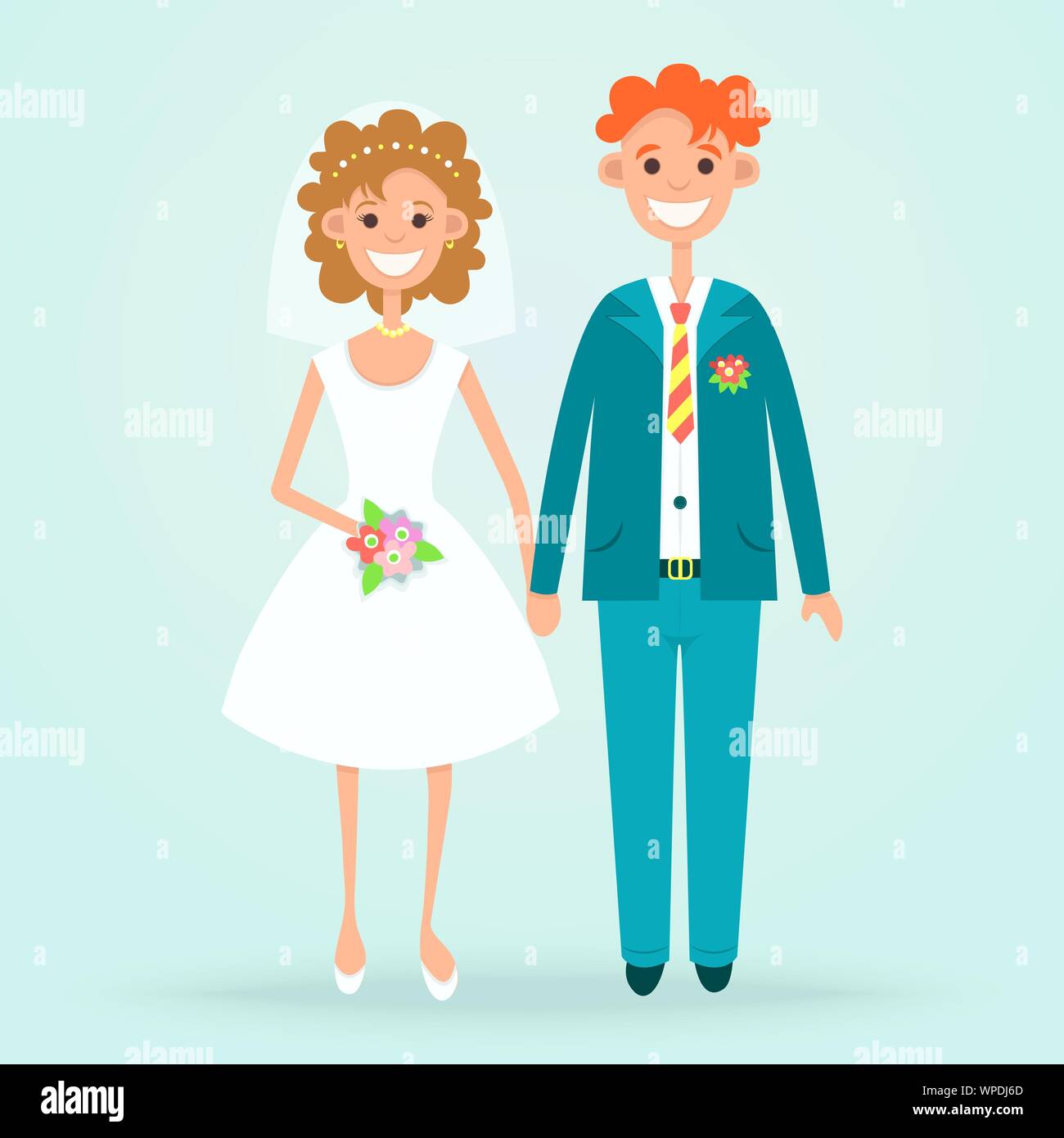 Bride and Groom télévision dessin, personnage dessiné, vector illustration. Cute funny photo jeunes mariés, femme en robe de mariée blanche, voile et bouqu Illustration de Vecteur