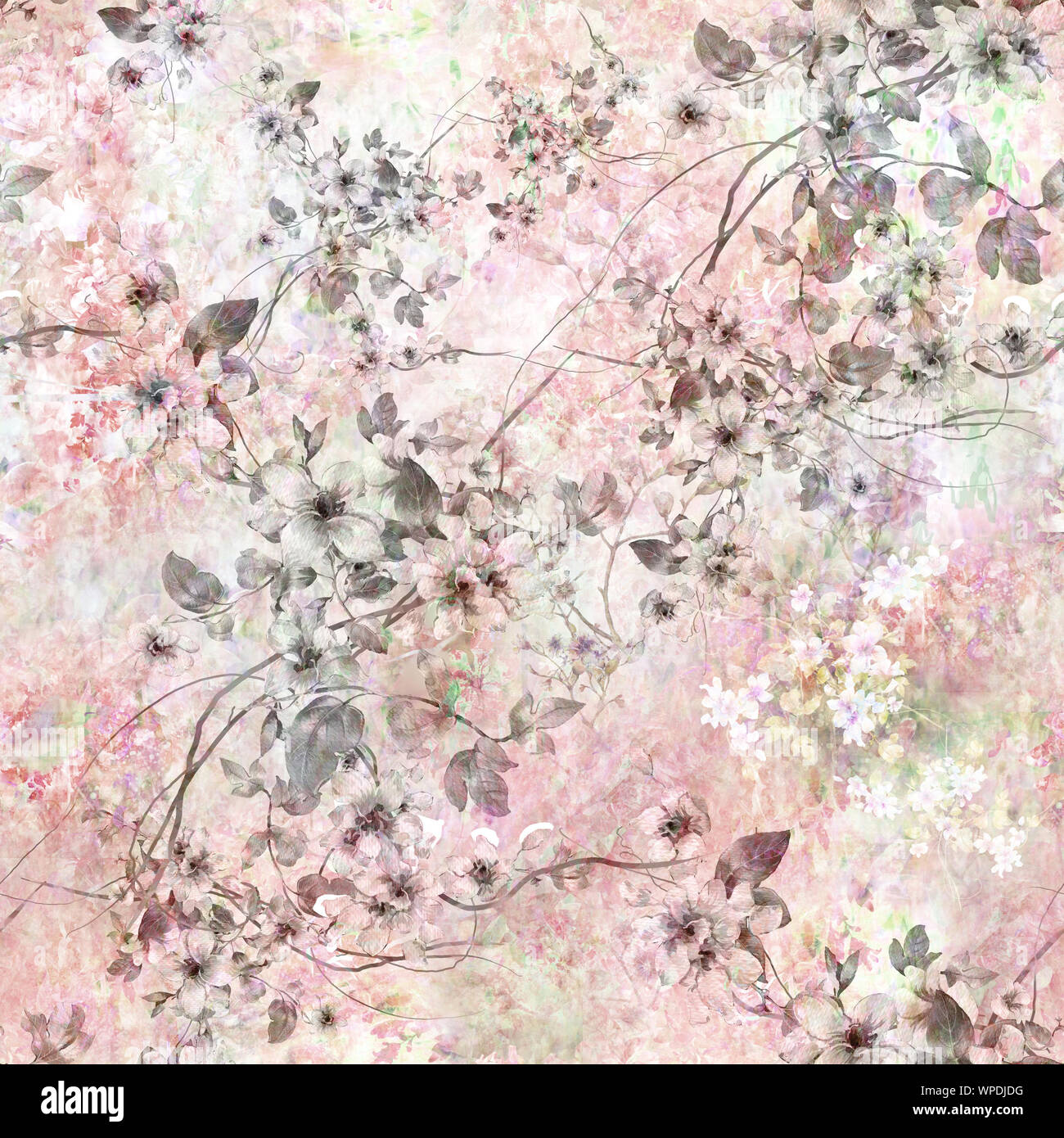 L'aquarelle de feuilles et de fleurs, motif transparent Banque D'Images