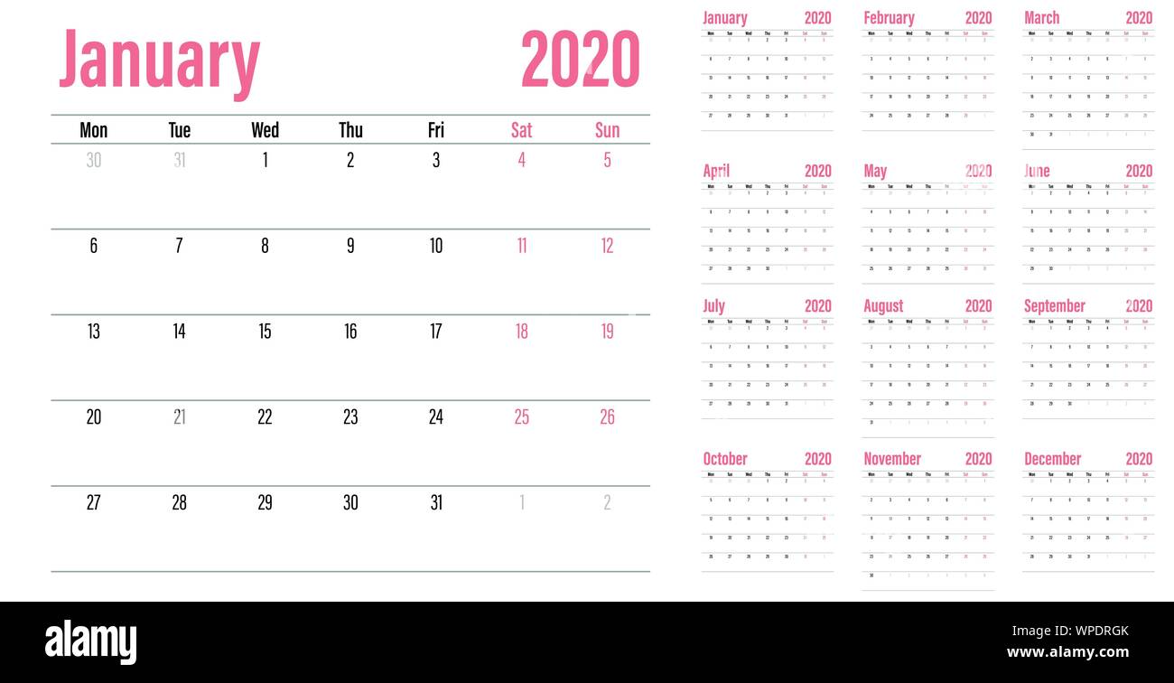 Planificateur de calendrier 2020 illustration vecteur modèle tous les 12 mois semaine commence le lundi et indiquer la fin de semaine le samedi et dimanche Illustration de Vecteur
