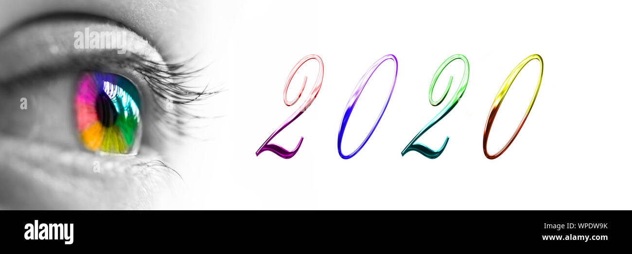 2020 arc-en-ciel coloré et headeron oeil vue panoramique fond blanc, 2020 nouvelle année bonjour concept Banque D'Images