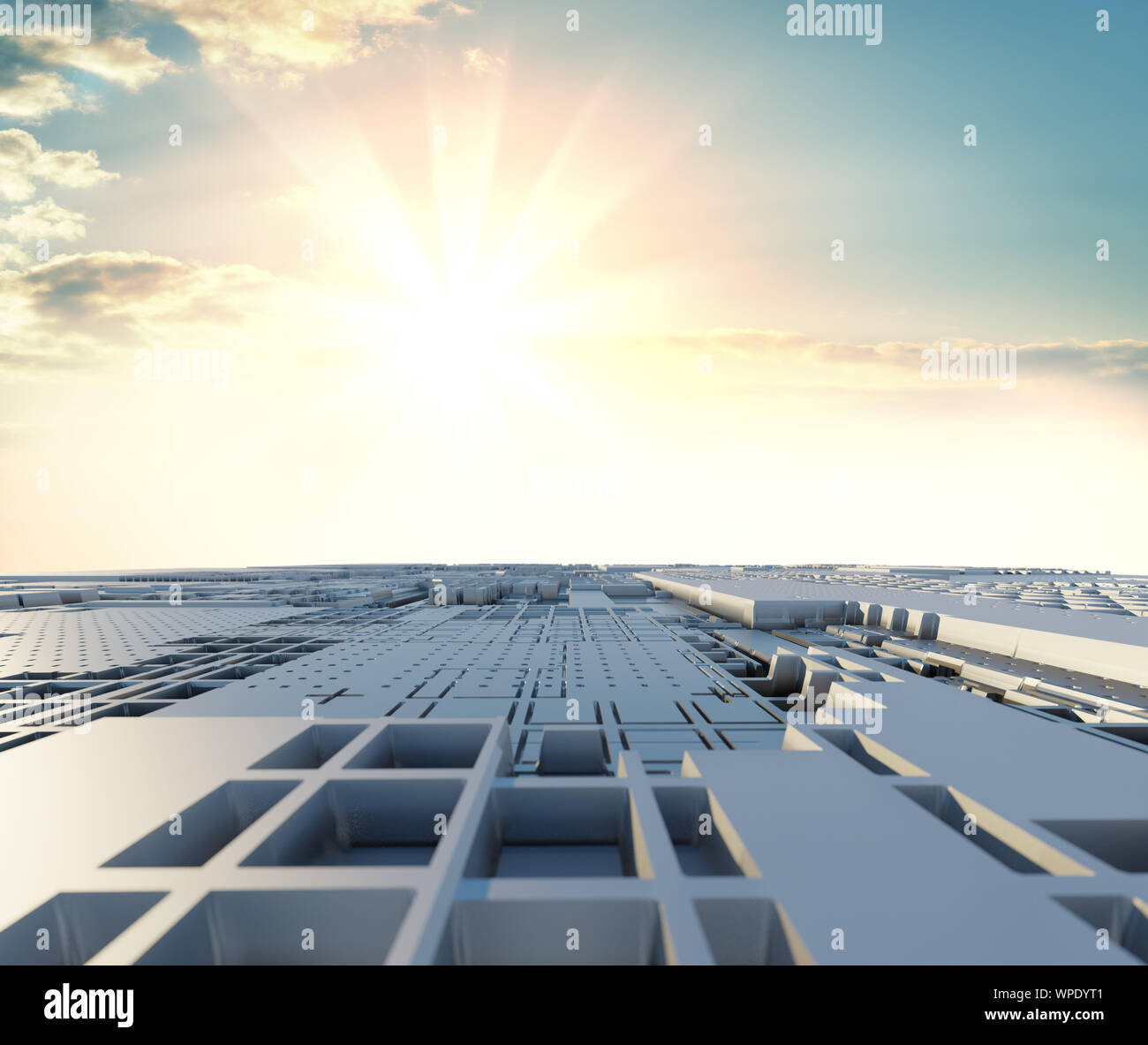 Résumé d'un vaisseau spatial surface futuriste sur fond de soleil ou de ...