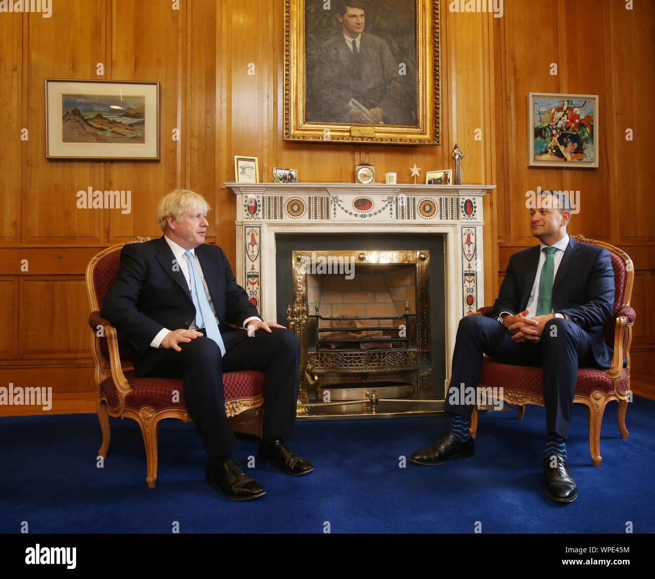 Dublin, Irlande. Sep 9, 2019. Boris Johnson à Dublin pour Brexit parle Premier ministre britannique Boris Johnson rencontre avec un leader du Fine Gael et Taoiseach Leo Varadkar dans son bureau à des édifices gouvernementaux à Dublin. Ils ont eu des entretiens sur le problème des frontières de l'Irlande du Nord et la crise Bexit.Photo Leon Farrell/Rollingnews RollingNews.ie : Crédit.ie/Alamy Live News Banque D'Images