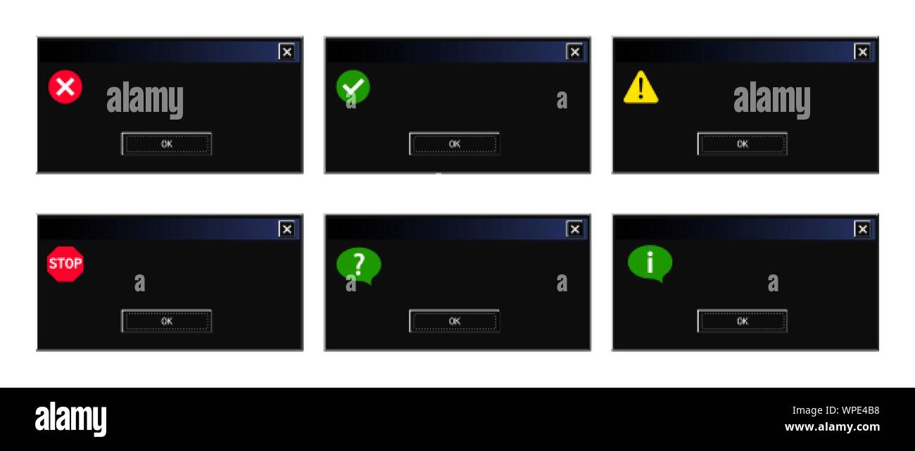 Ensemble d'un système de rétro et de la boîte de dialogue Message d'erreur Windows en mode contextuel sombre thème Illustration de Vecteur