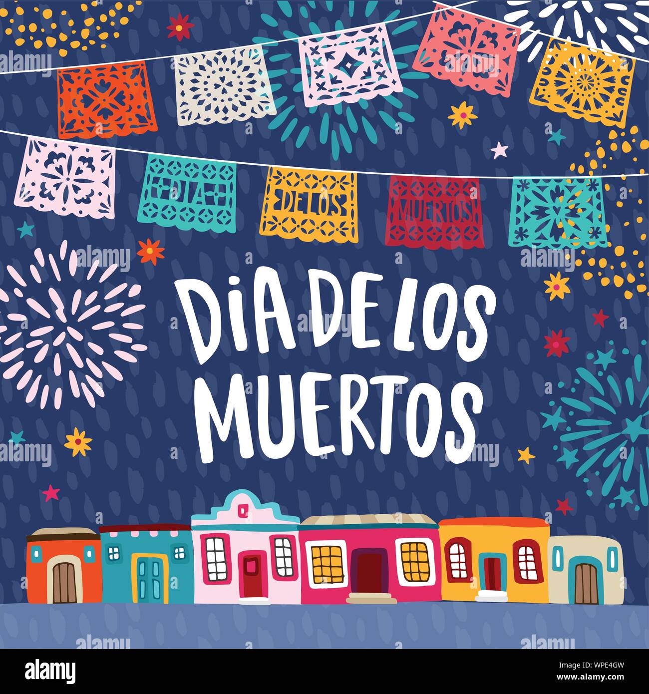 Dia de los Muertos, le Jour des Morts mexicain carte de vœux, invitation. Maison de l'Amérique latine. Guirlande de drapeaux, banderoles à couper et maisons colorées Illustration de Vecteur