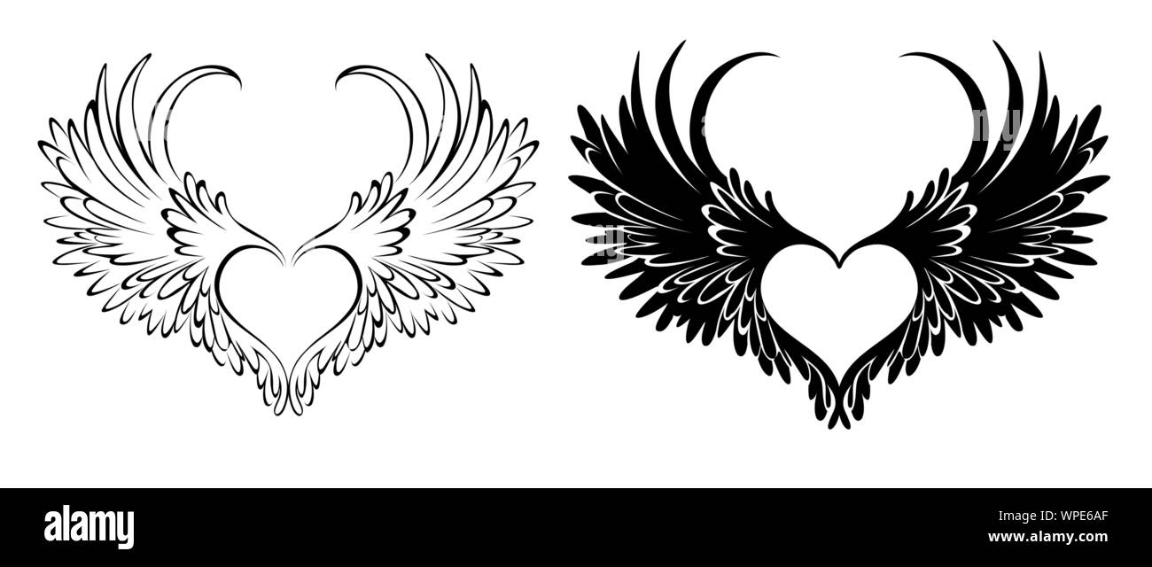 Deux artistiquement dessiné dans le style de tatouage ange, coeur avec des ailes sur fond blanc. Illustration de Vecteur