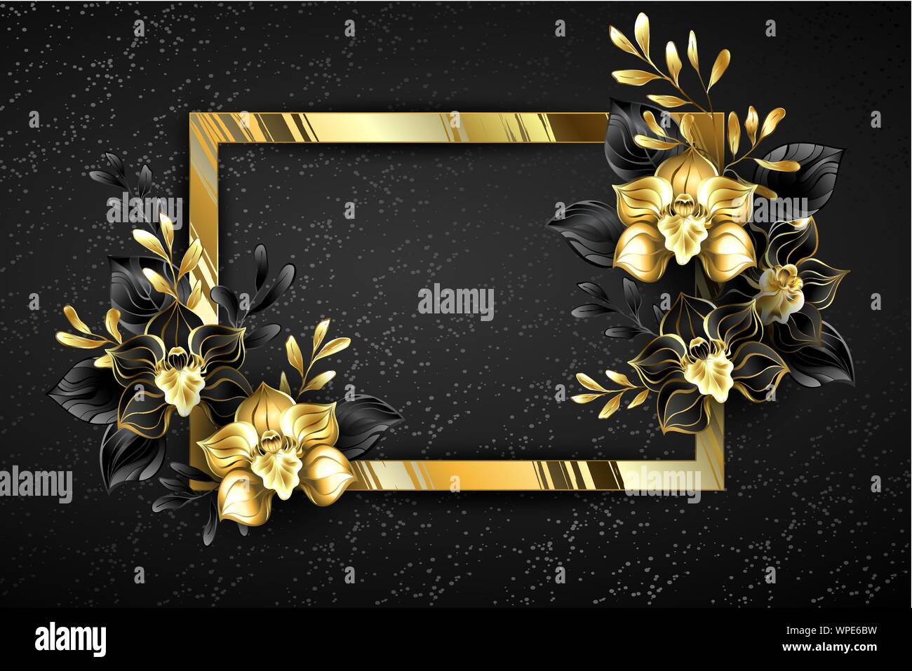 Bannière rectangulaire d'une feuille d'or, orchidées bijoux noir décoré de plantes ornementales noir et or sur fond noir. Illustration de Vecteur