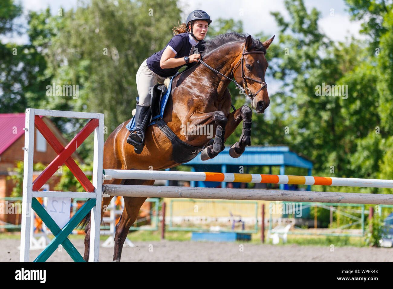 Jeune cheval-cavalier femme sautant au-dessus de l'obstacle sur la compétition de saut. Contexte Le sport équestre Banque D'Images