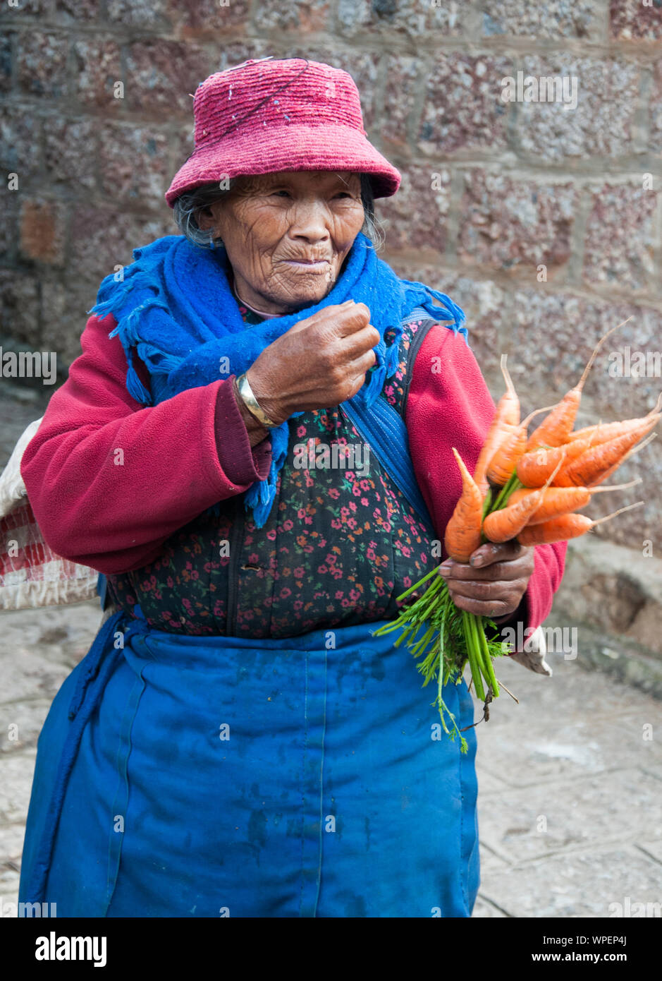 Une femme Naxi de Shuhe, à l'aîné sur le plateau l'Road, à l'extérieur de Lijiang, Yunnan, Chine Banque D'Images