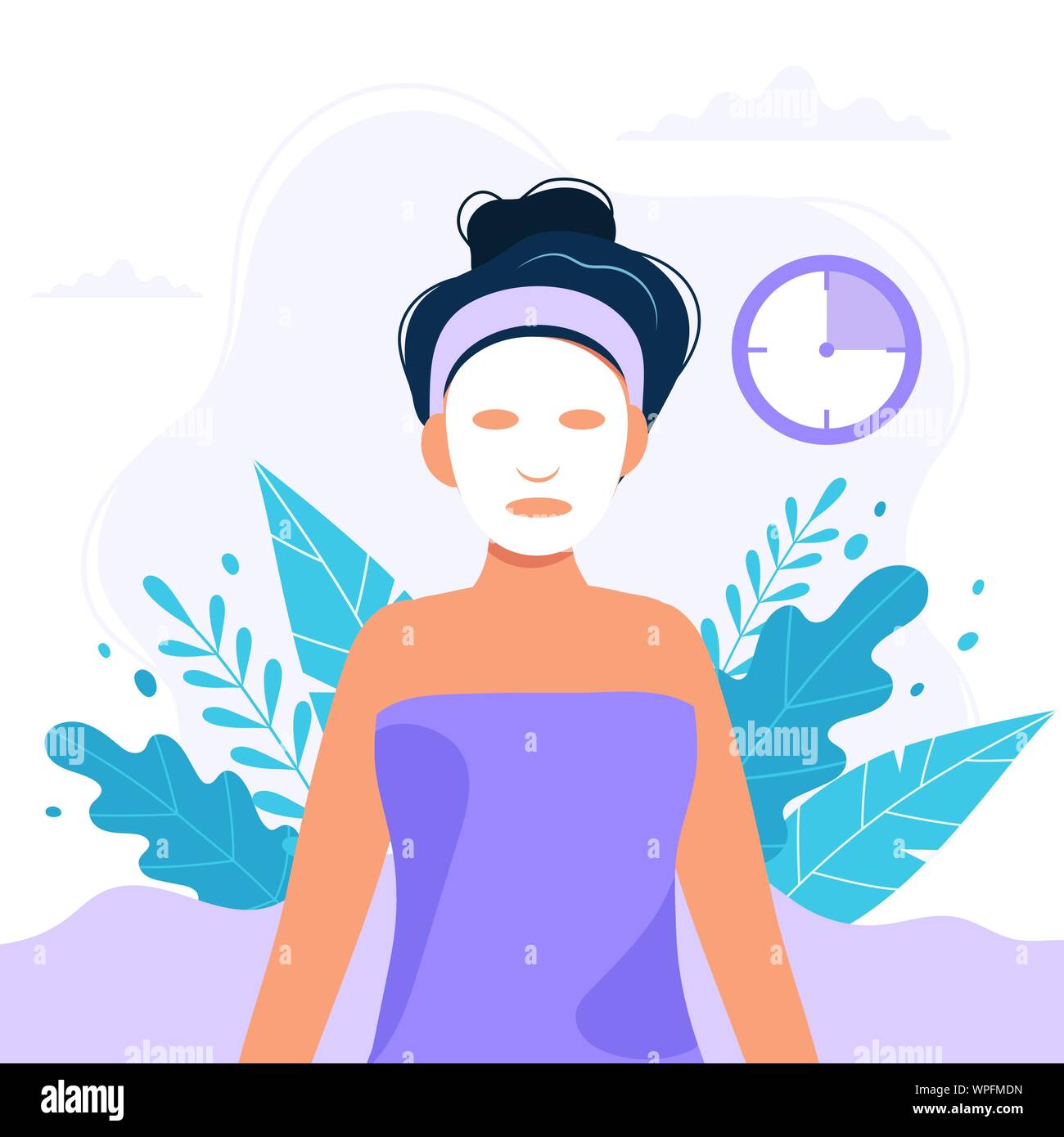 Soins quotidiens de la peau.Femme avec masque feuille sur son visage, routine beauté. Cute vector illustration dans télévision style. Illustration de Vecteur