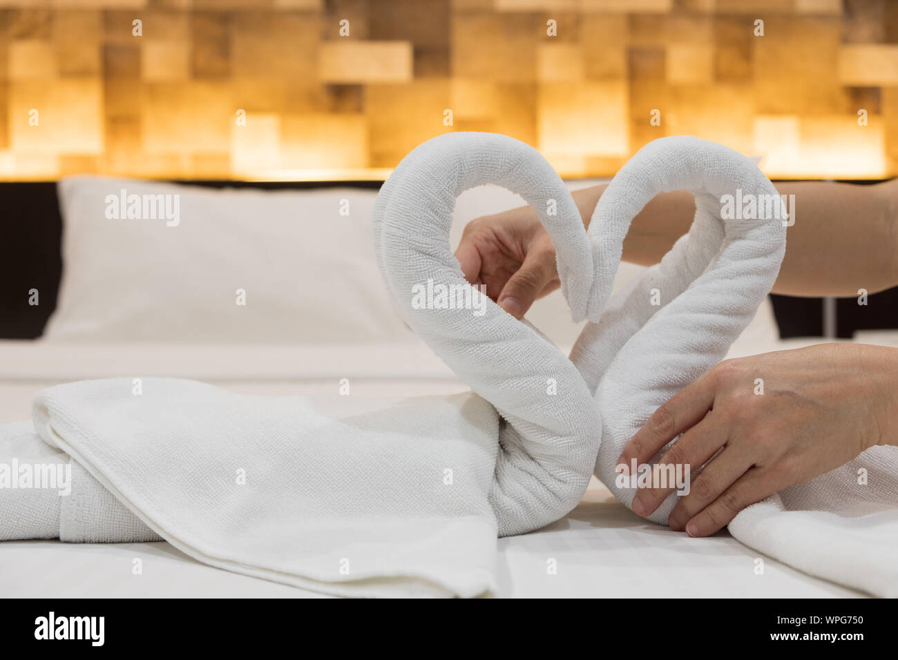 Close-up de mettre les mains de oiseaux cygnes plié les serviettes de bain blanc frais sur le drap de lit dans l'hôtel. Banque D'Images