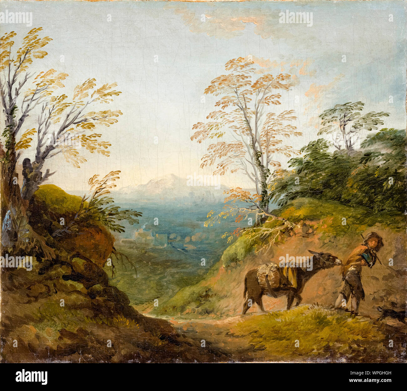 Thomas Gainsborough, paysage boisé avec un garçon à la tête d'un âne et un chien et un vaste panorama avec les bâtiments et les collines au loin, la peinture de paysages, 1760-1765 Banque D'Images